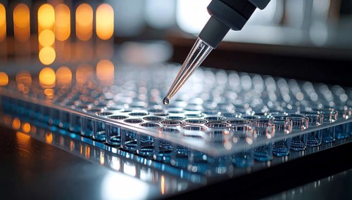 A precision droplet from a pipette meets a microplate on a lab bench with moody light, Pipette