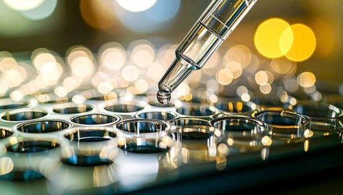 A gleaming droplet at a pipette tip above reflective microplate wells with golden bokeh, Pipette