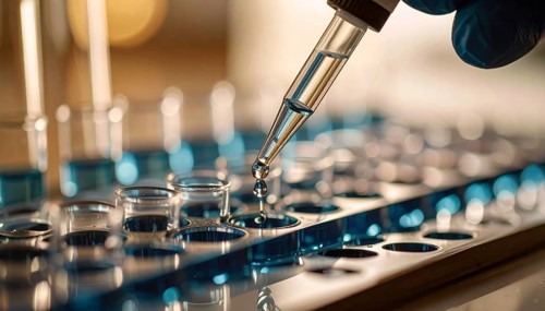 Controlled drops from a pipette feed blue reagent into a microplate under warm light, Pipette