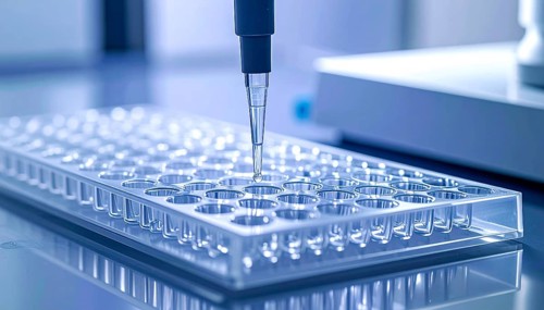 A pipette aligns over a clear 96-well plate in a clean, cool-toned laboratory, Pipette dispensing a
