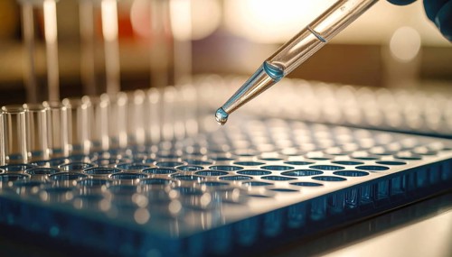 A glass pipette poised above a blue microplate amid warm, glowing lab bokeh, Pipette dispensing a