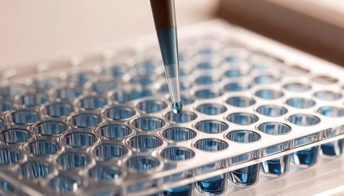A droplet falls from a pipette into a blue-filled 96-well plate under warm lab light, Pipette