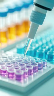 Micropipette dispenses reagent into a multicolored 96-well plate in a sterile lab, Pipette