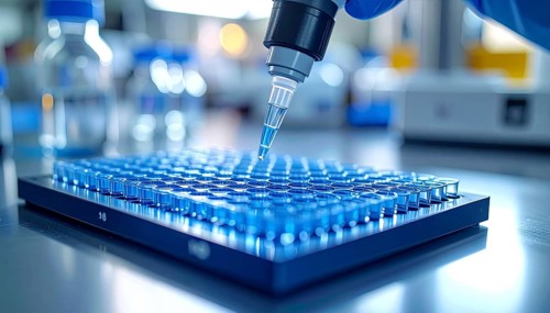 Blue reagent dispensed into a microplate in a bright, modern research lab, Pipette dispensing a