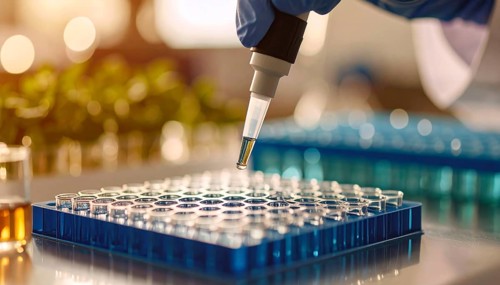 A micropipette releases a yellow sample into a blue multiwell plate under warm light with soft