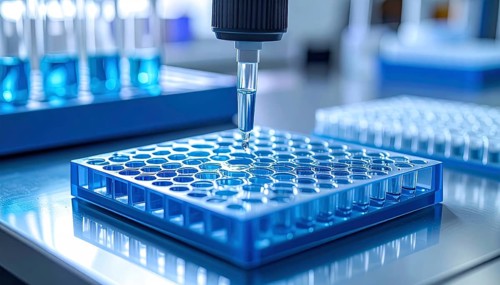 Pipette tip aligns over a blue microplate on a spotless lab bench, cool and controlled, Pipette