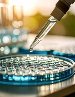 A pipette hovers over a round microplate filled with blue solution in soft golden light, Pipette