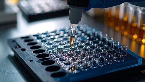 Pipette releases a droplet into a multiwell plate under cool lab light with warm highlights,
