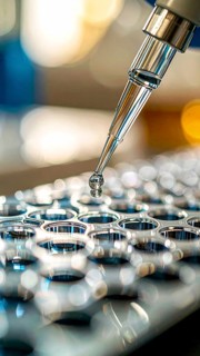 A suspended droplet hangs between pipette and microplate in a focused lab moment, Pipette