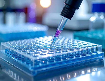 A pipette delivers a violet reagent into a blue multiwell plate on a bright, sterile bench,