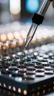 A droplet hangs midair beneath a pipette over mirror-like wells, dramatic lighting accentuating