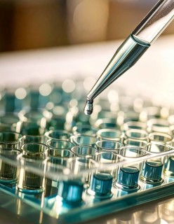 Single droplet suspended over teal-tinted wells on a microplate, Pipette dispensing a liquid onto a