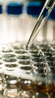 A clear droplet hangs from a pipette above shimmering wells in soft light, Pipette dispensing a