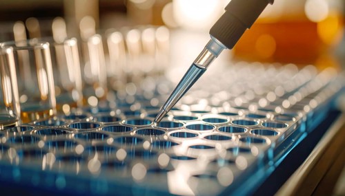 A pipette tip approaches reflective metal wells under warm lab lighting, Pipette dispensing a