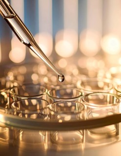 A single droplet descends from a glass pipette toward a petri dish, bathed in soft golden light for