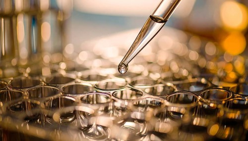 A warm-lit droplet hangs from a glass pipette above gleaming wells, evoking meticulous care in a