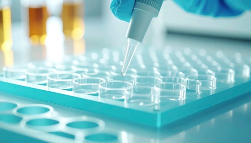 A gloved hand steadies a pipette above a clear plate in a bright, sterile lab, Pipette dispensing a