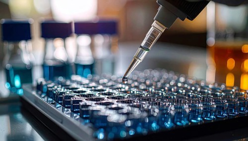 A pipette hovers over a blue-filled microplate as a droplet forms in a calm, sterile lab, Pipette