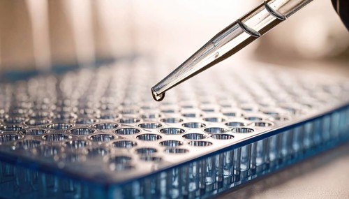 Precise droplet at pipette tip above blue microplate in sterile light, Pipette dispensing a liquid