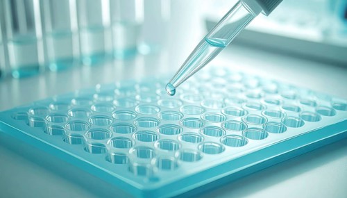 Droplet hangs from a pipette over a blue 96-well plate in a sterile lab, Pipette dispensing a