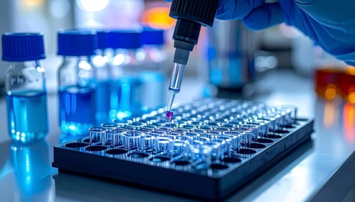 A magenta droplet from a micropipette hovers over clear microtubes amid blue lab glassware,