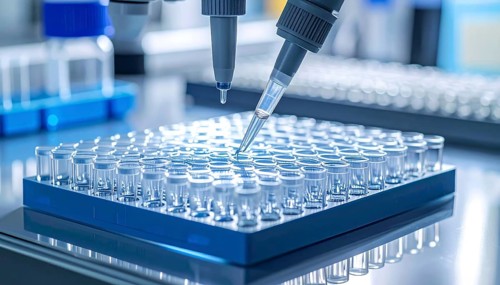 Pipettes dispense reagent into a blue 96-well plate under crisp laboratory light, Pipette