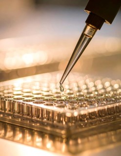 Suspended droplet from a pipette above a microplate in soft golden light, Pipette dispensing a