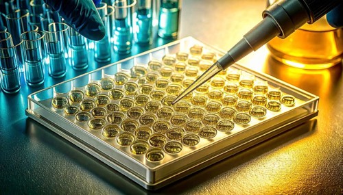 Pipette targets a golden-filled microplate beside blue vials under teal and gold light, Pipette