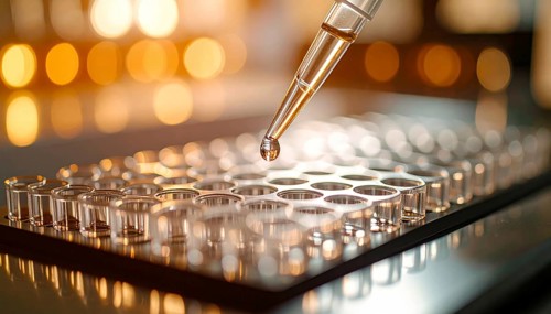 Pipette releases a droplet above a clear microplate under warm golden lab lighting, Pipette