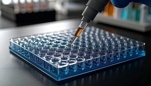 Amber reagent poised at a pipette tip over a blue multiwell plate, Pipette dispensing a liquid onto