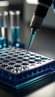 Blue-tipped pipette dispenses into a microplate under dramatic lab light, Pipette dispensing a