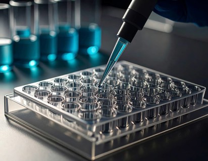 Pipette positions a drop above a clear multiwell plate on a dark bench, Pipette dispensing a liquid