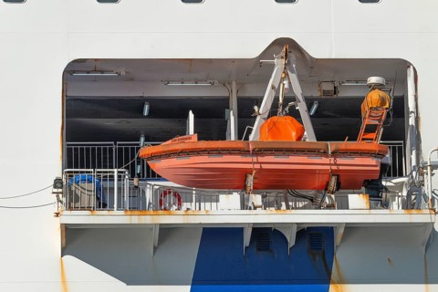 Free-hanging lifeboat of the ferry Stena Scandinavica, Kiel harbour, detail, Kiel Fjord,