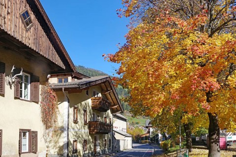 Sunny alpine village with traditional houses and bright autumn trees under a clear blue sky, Drava,