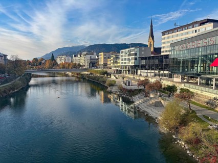 Waterfront with Congress Center, Berge, Drau, Drau Cycle Path, Carinthia, Villach, Austria
