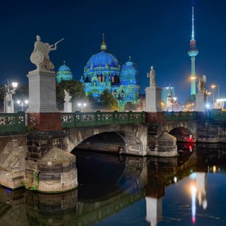 Berlin Palace Bridge with Cathedral and TV Tower Festival of Lights Berlin Germany