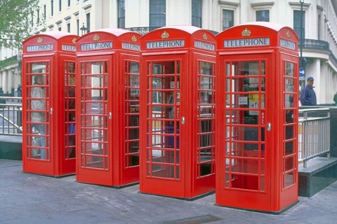 Typical red telephone boxes, London, England, Great Britain