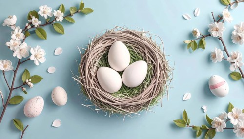 Nest with easter eggs in grass on a sunny spring day, Easter wallpaper decoration drawing, banner,