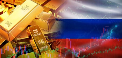 Gold bars stacked on Russian flag. Russia gold reserves, Concept