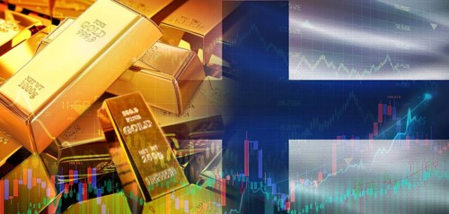 Gold bars stacked on Finnish flag. Finland gold reserves, Concept