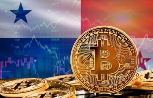 Investors in cryptocurrency and Blockchain Technology in Panama, Concept. Bitcoin with Panama flag