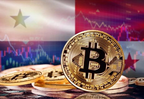 Bitcoin with Panama flag in the background. Investors in cryptocurrency and Blockchain Technology