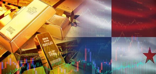 Gold bars stacked on Panamanian flag. Panama gold reserves, Concept