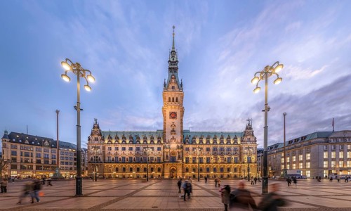 Town Hall Market with Hamburg City Hall at blue hour against a slightly cloudy sky, Hamburg,