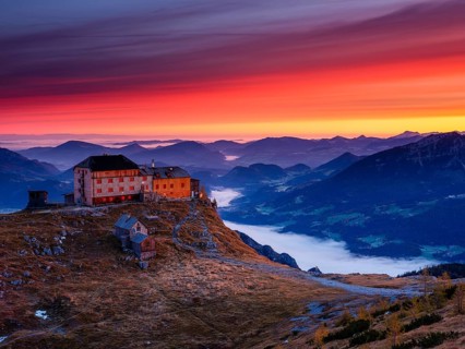 Watzmannhaus at dawn, fog in the valley, Berchtesgaden National Park, Schönau am Königssee,