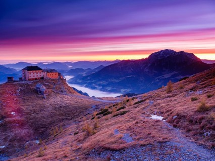 Watzmannhaus at dawn, fog in the valley, right Hoher Göll, Berchtesgaden National Park, Schönau am