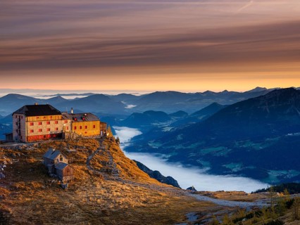 Watzmannhaus at sunrise, fog in the valley, Berchtesgaden National Park, Schönau am Königssee,