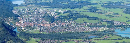 Panorama of Tegelberg, 1881m, on Füssen with historic old town, the Lech and behind it the