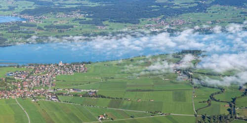 Panorama from Tegelberg, 1881m, on Schwangau, Waltenhofen, Hopfensee and Forggensee, Ostallgäu,