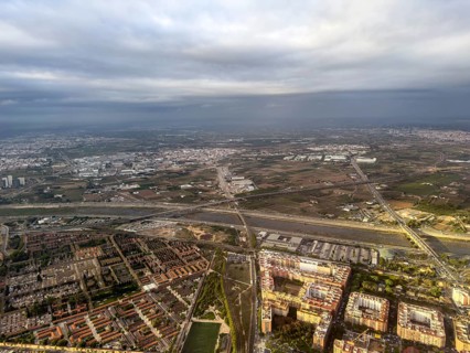 Residential areas, Turia flood canal and industrial areas, aerial view, Valencia, Spain